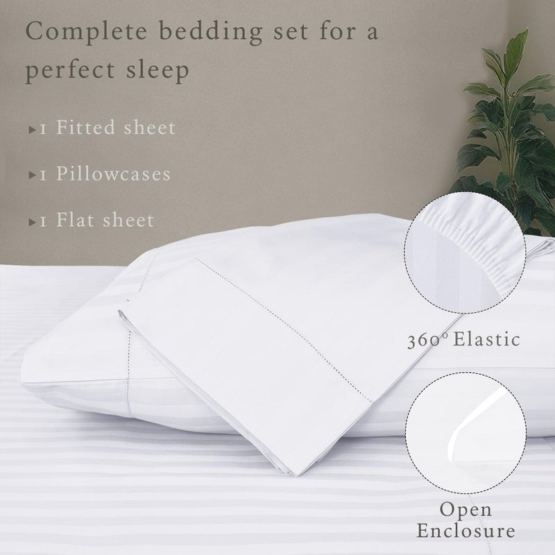 Threadmill 500 Thread Count Twin-XL Size Damask Stripe, 3 Pc Luxury Cotton Bed Sheet Set, Breathable Hotel White Sheets with 15" Elasticized Deep Pocket, 1 Pillowcase & Free Tote Bag - Image 4